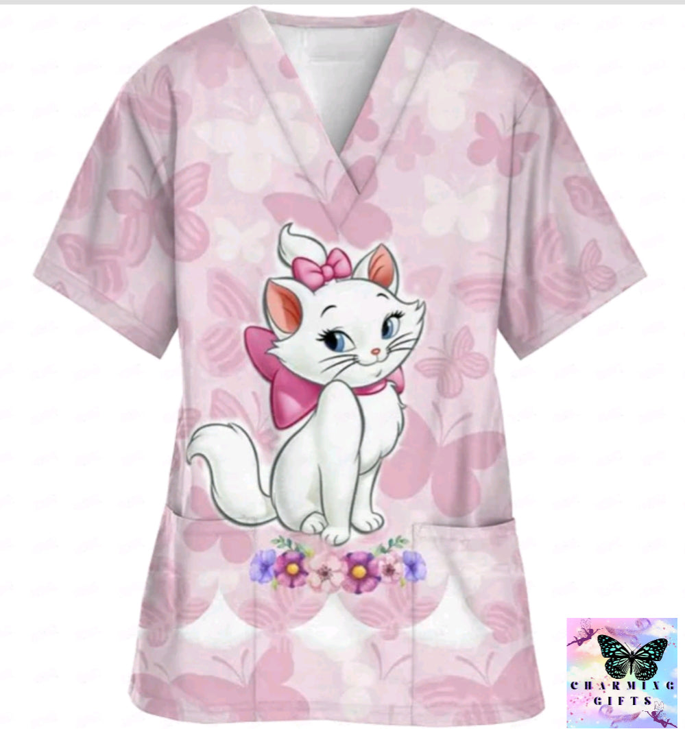 2024 Summer Disney Pet Mary Cat Pink Printed Matte Top Pet Shop Medical Uniform Nurse V-neck Shirt Women's Nurse Top