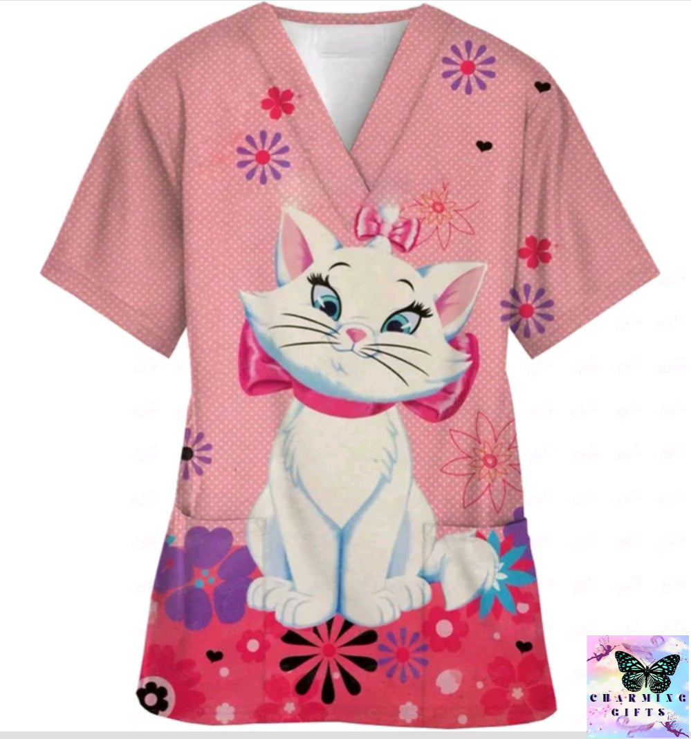 2024 Summer Disney Pet Mary Cat Pink Printed Matte Top Pet Shop Medical Uniform Nurse V-neck Shirt Women's Nurse Top