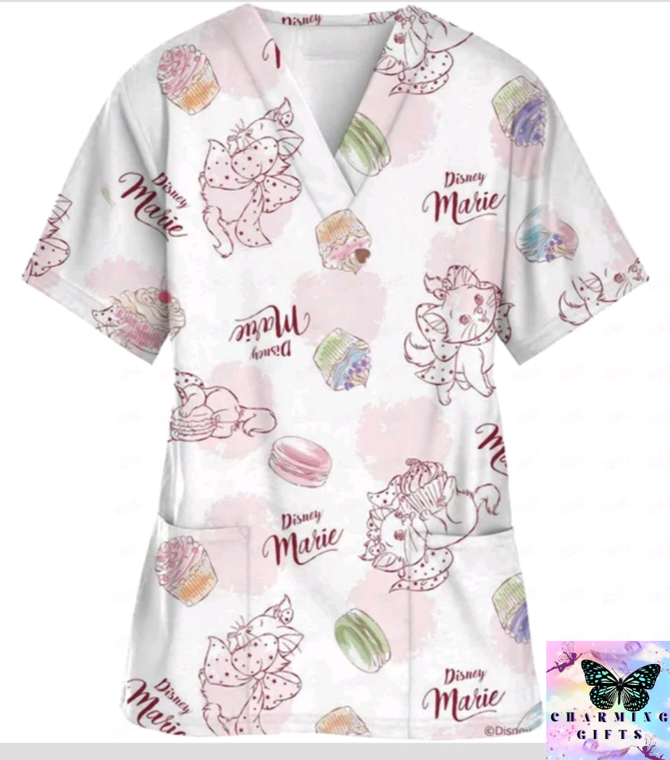 2024 Summer Disney Pet Mary Cat Pink Printed Matte Top Pet Shop Medical Uniform Nurse V-neck Shirt Women's Nurse Top