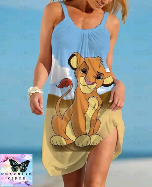 Disney Summer Dresses Woman 2022 The Lion King Boho Dress Sleeveless Women Print Women's Loose Sling Elegant Sexy