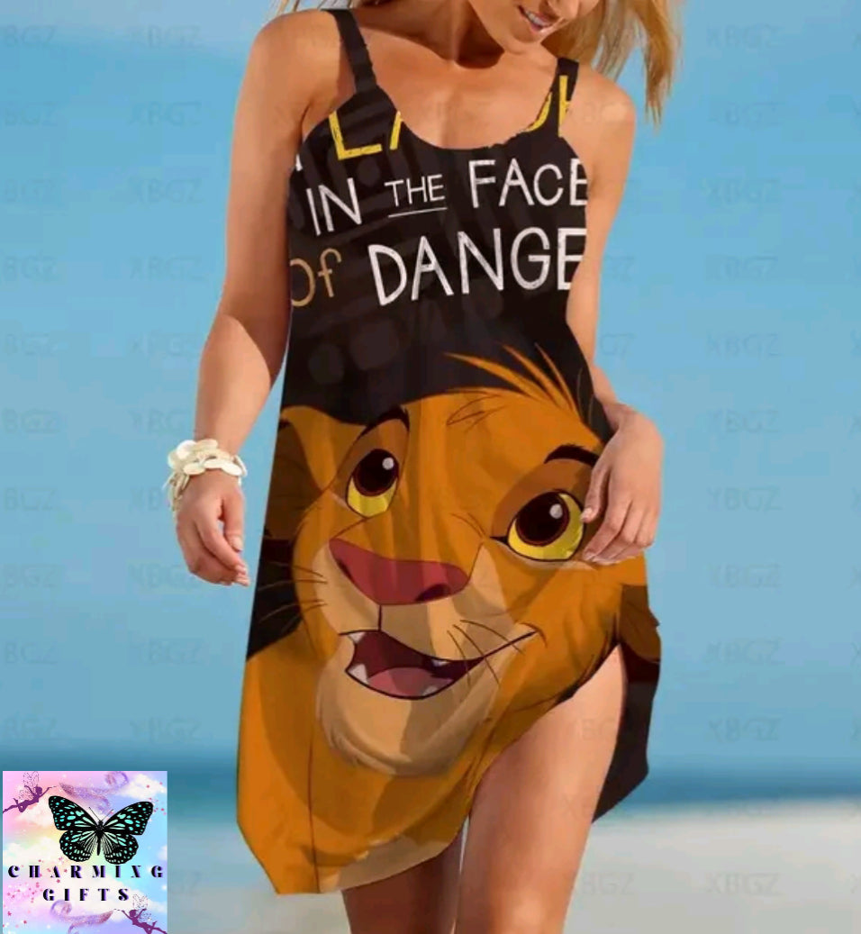 Disney Summer Dresses Woman 2022 The Lion King Boho Dress Sleeveless Women Print Women's Loose Sling Elegant Sexy