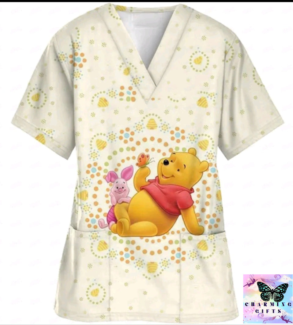 Disney Winnie the Pooh Scrubs Medical Uniforms Scrub Top Loose Cotton Pet Hospital Health Centre Work Clothes Lab Coat tops