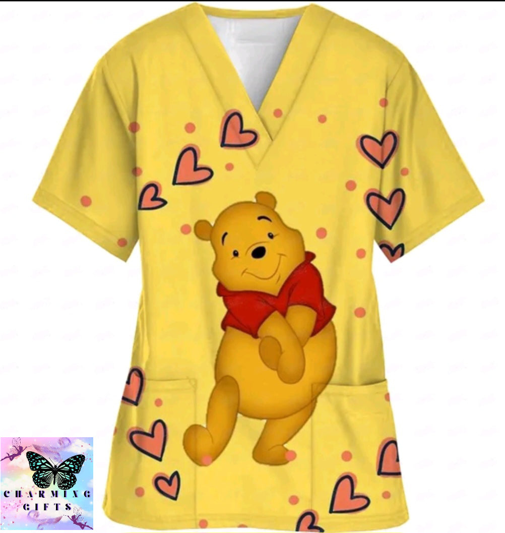 Disney Winnie the Pooh Scrubs Medical Uniforms Scrub Top Loose Cotton Pet Hospital Health Centre Work Clothes Lab Coat tops