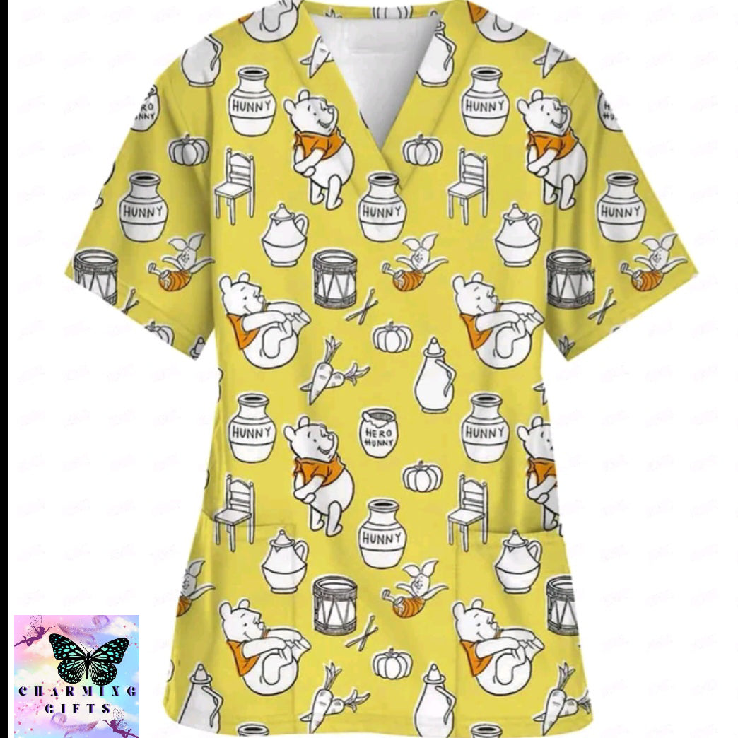 Disney Winnie the Pooh Scrubs Medical Uniforms Scrub Top Loose Cotton Pet Hospital Health Centre Work Clothes Lab Coat tops