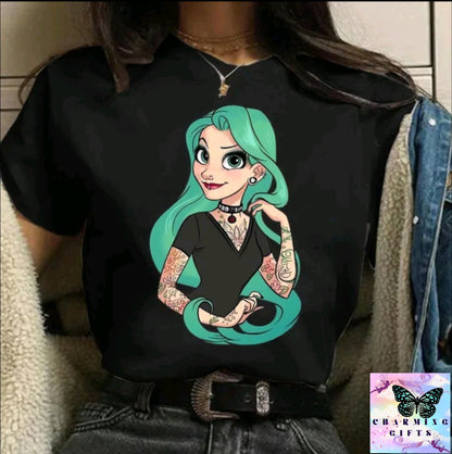 (BLACK) Disney Princess Graphic Print Women T-shirt Harajuku 90s Punk Aesthetics Top Female Tshirt Summer Fashion Streetwear Y2k Clothes