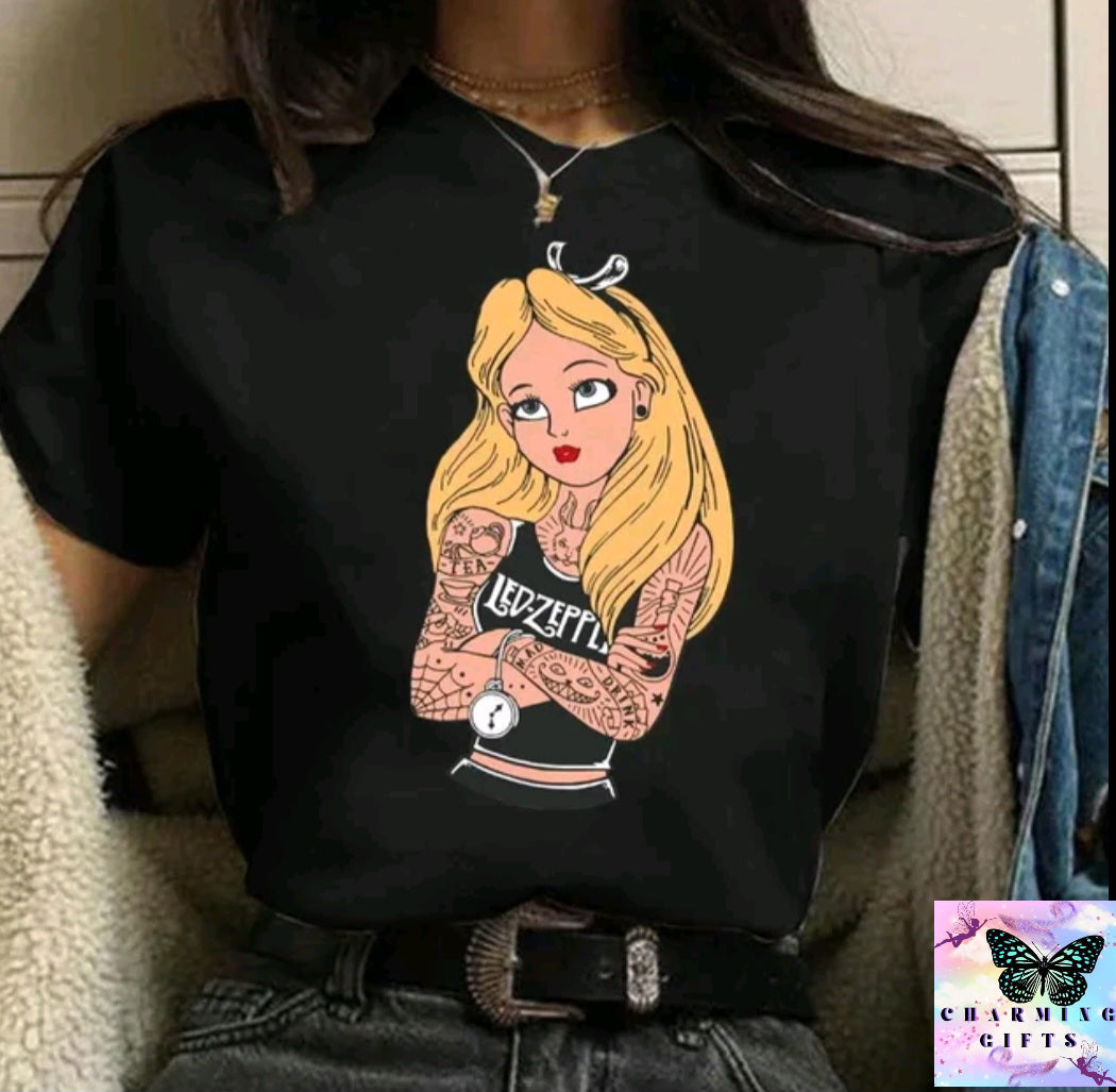 (BLACK) Disney Princess Graphic Print Women T-shirt Harajuku 90s Punk Aesthetics Top Female Tshirt Summer Fashion Streetwear Y2k Clothes