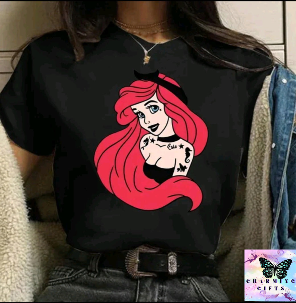 (BLACK) Disney Princess Graphic Print Women T-shirt Harajuku 90s Punk Aesthetics Top Female Tshirt Summer Fashion Streetwear Y2k Clothes