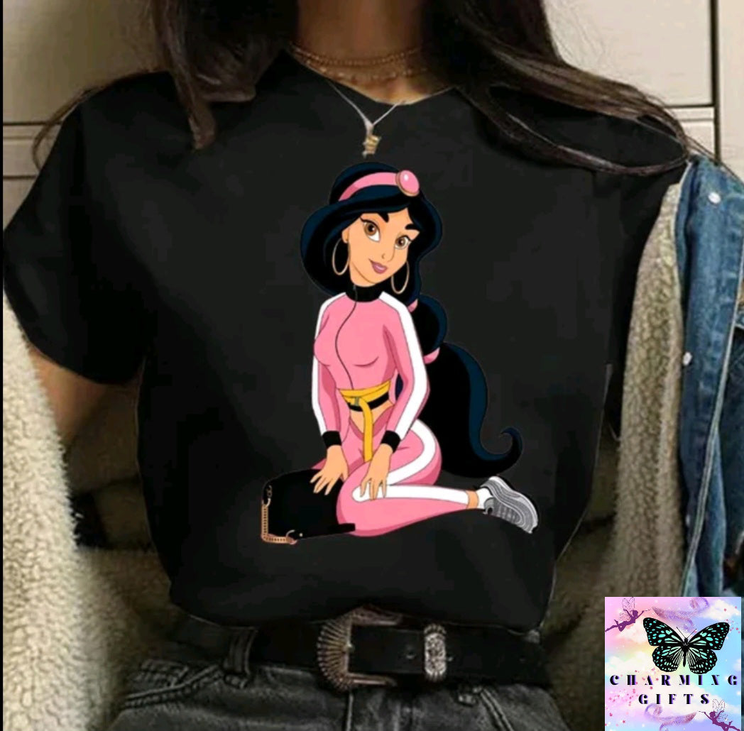 (BLACK) Disney Princess Graphic Print Women T-shirt Harajuku 90s Punk Aesthetics Top Female Tshirt Summer Fashion Streetwear Y2k Clothes