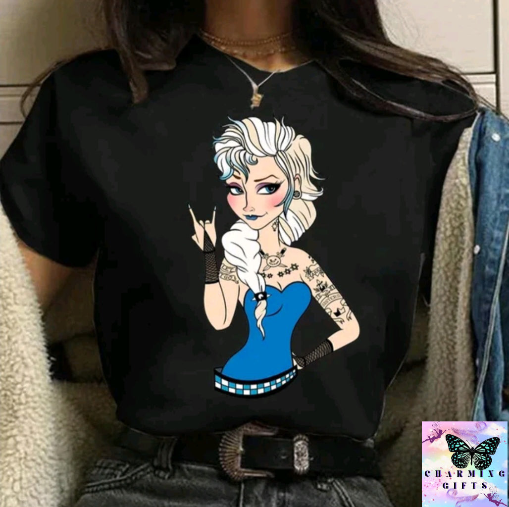 (BLACK) Disney Princess Graphic Print Women T-shirt Harajuku 90s Punk Aesthetics Top Female Tshirt Summer Fashion Streetwear Y2k Clothes