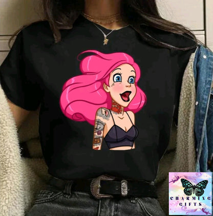 (BLACK) Disney Princess Graphic Print Women T-shirt Harajuku 90s Punk Aesthetics Top Female Tshirt Summer Fashion Streetwear Y2k Clothes