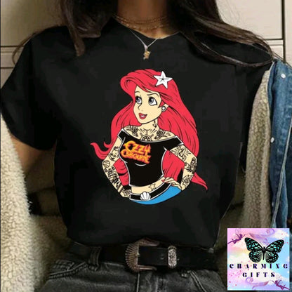 (BLACK) Disney Princess Graphic Print Women T-shirt Harajuku 90s Punk Aesthetics Top Female Tshirt Summer Fashion Streetwear Y2k Clothes