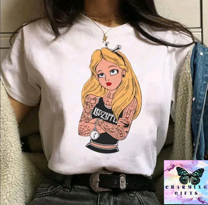 (WHITE) Disney Princess Graphic Print Women T-shirt Harajuku 90s Punk Aesthetics Top Female Tshirt Summer Fashion Streetwear Y2k Clothes