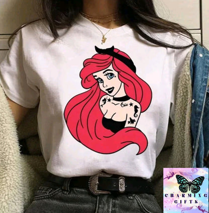 (WHITE) Disney Princess Graphic Print Women T-shirt Harajuku 90s Punk Aesthetics Top Female Tshirt Summer Fashion Streetwear Y2k Clothes