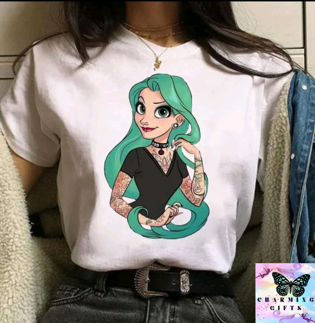 (WHITE) Disney Princess Graphic Print Women T-shirt Harajuku 90s Punk Aesthetics Top Female Tshirt Summer Fashion Streetwear Y2k Clothes