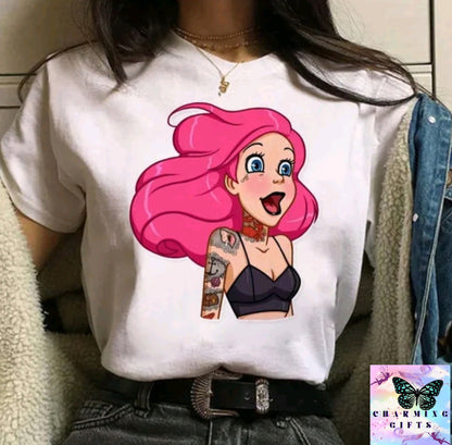 (WHITE) Disney Princess Graphic Print Women T-shirt Harajuku 90s Punk Aesthetics Top Female Tshirt Summer Fashion Streetwear Y2k Clothes