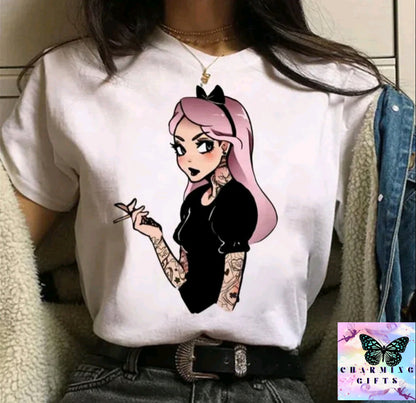 (WHITE) Disney Princess Graphic Print Women T-shirt Harajuku 90s Punk Aesthetics Top Female Tshirt Summer Fashion Streetwear Y2k Clothes