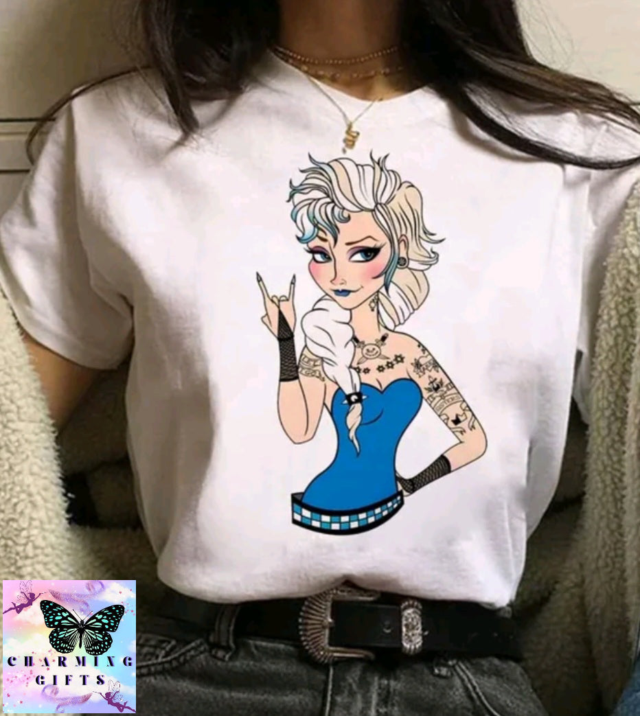 (WHITE) Disney Princess Graphic Print Women T-shirt Harajuku 90s Punk Aesthetics Top Female Tshirt Summer Fashion Streetwear Y2k Clothes