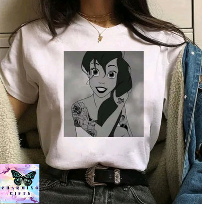 (WHITE) Disney Princess Graphic Print Women T-shirt Harajuku 90s Punk Aesthetics Top Female Tshirt Summer Fashion Streetwear Y2k Clothes