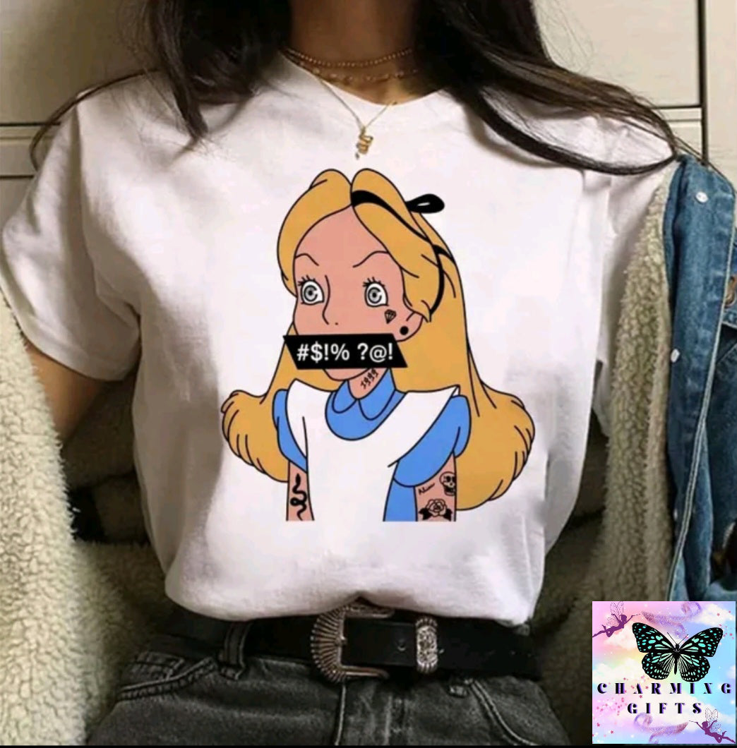 (WHITE) Disney Princess Graphic Print Women T-shirt Harajuku 90s Punk Aesthetics Top Female Tshirt Summer Fashion Streetwear Y2k Clothes