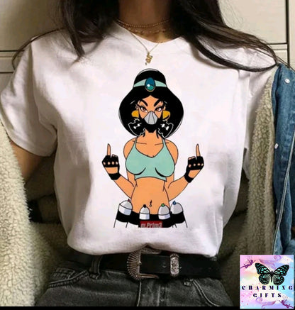 (WHITE) Disney Princess Graphic Print Women T-shirt Harajuku 90s Punk Aesthetics Top Female Tshirt Summer Fashion Streetwear Y2k Clothes