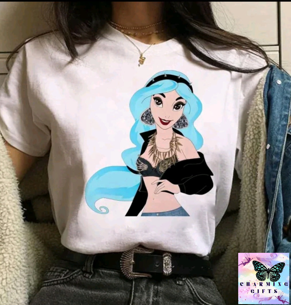 (WHITE) Disney Princess Graphic Print Women T-shirt Harajuku 90s Punk Aesthetics Top Female Tshirt Summer Fashion Streetwear Y2k Clothes