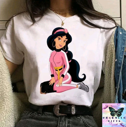 (WHITE) Disney Princess Graphic Print Women T-shirt Harajuku 90s Punk Aesthetics Top Female Tshirt Summer Fashion Streetwear Y2k Clothes