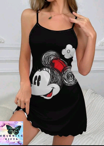 Slip Dress Lettuce Trim Mickey Summer Clothes Pajama Skirt Minnie Mouse Crew Neck Sexy Dresses Disney Fashion 2024 Women's Mini