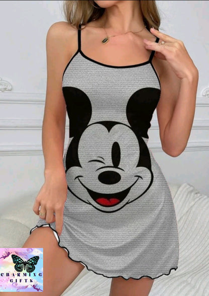 Slip Dress Lettuce Trim Mickey Summer Clothes Pajama Skirt Minnie Mouse Crew Neck Sexy Dresses Disney Fashion 2024 Women's Mini