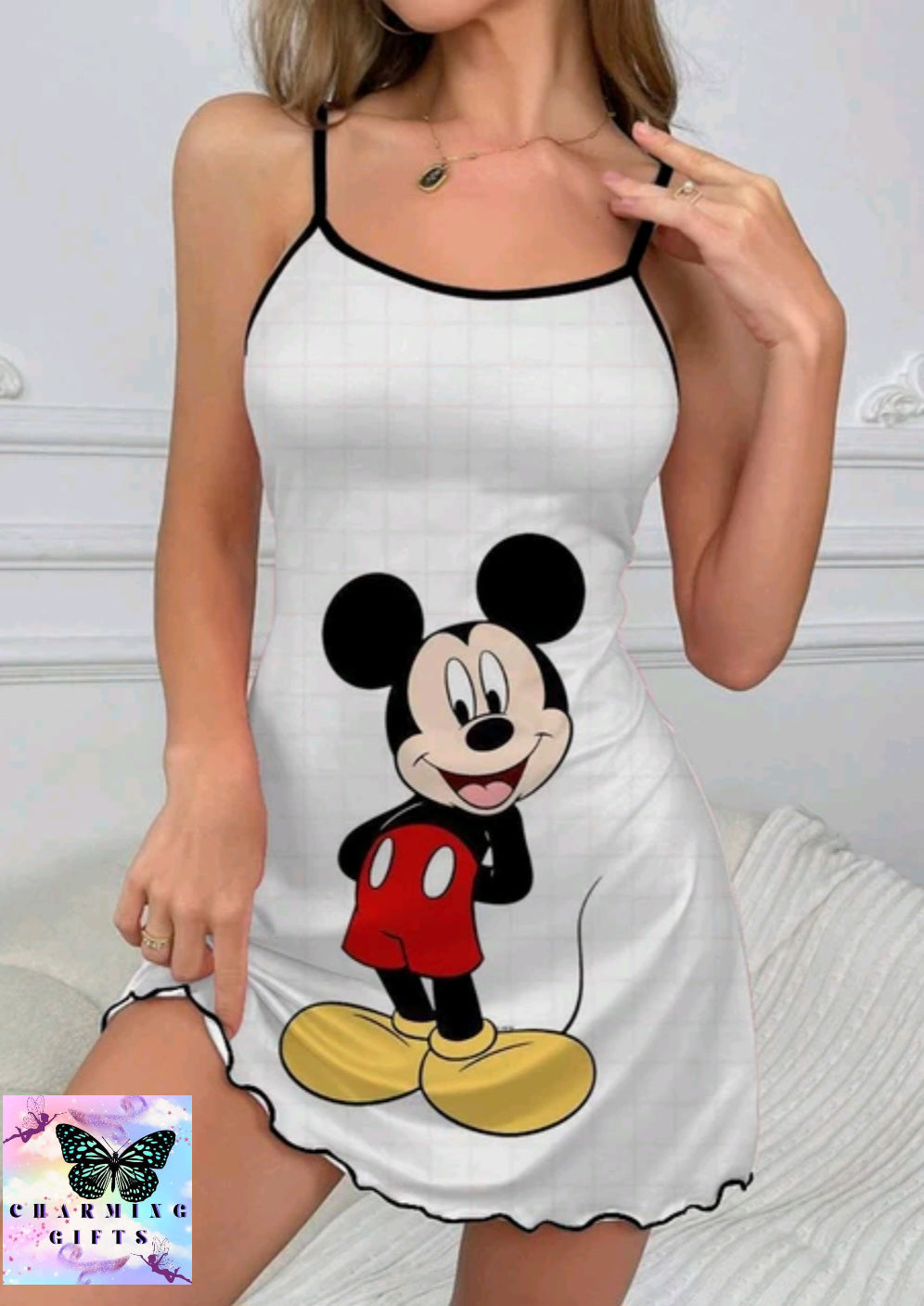 Slip Dress Lettuce Trim Mickey Summer Clothes Pajama Skirt Minnie Mouse Crew Neck Sexy Dresses Disney Fashion 2024 Women's Mini