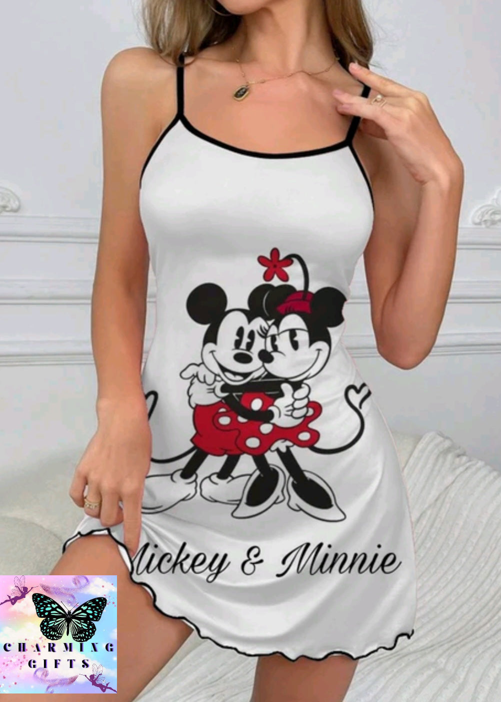 Slip Dress Lettuce Trim Mickey Summer Clothes Pajama Skirt Minnie Mouse Crew Neck Sexy Dresses Disney Fashion 2024 Women's Mini