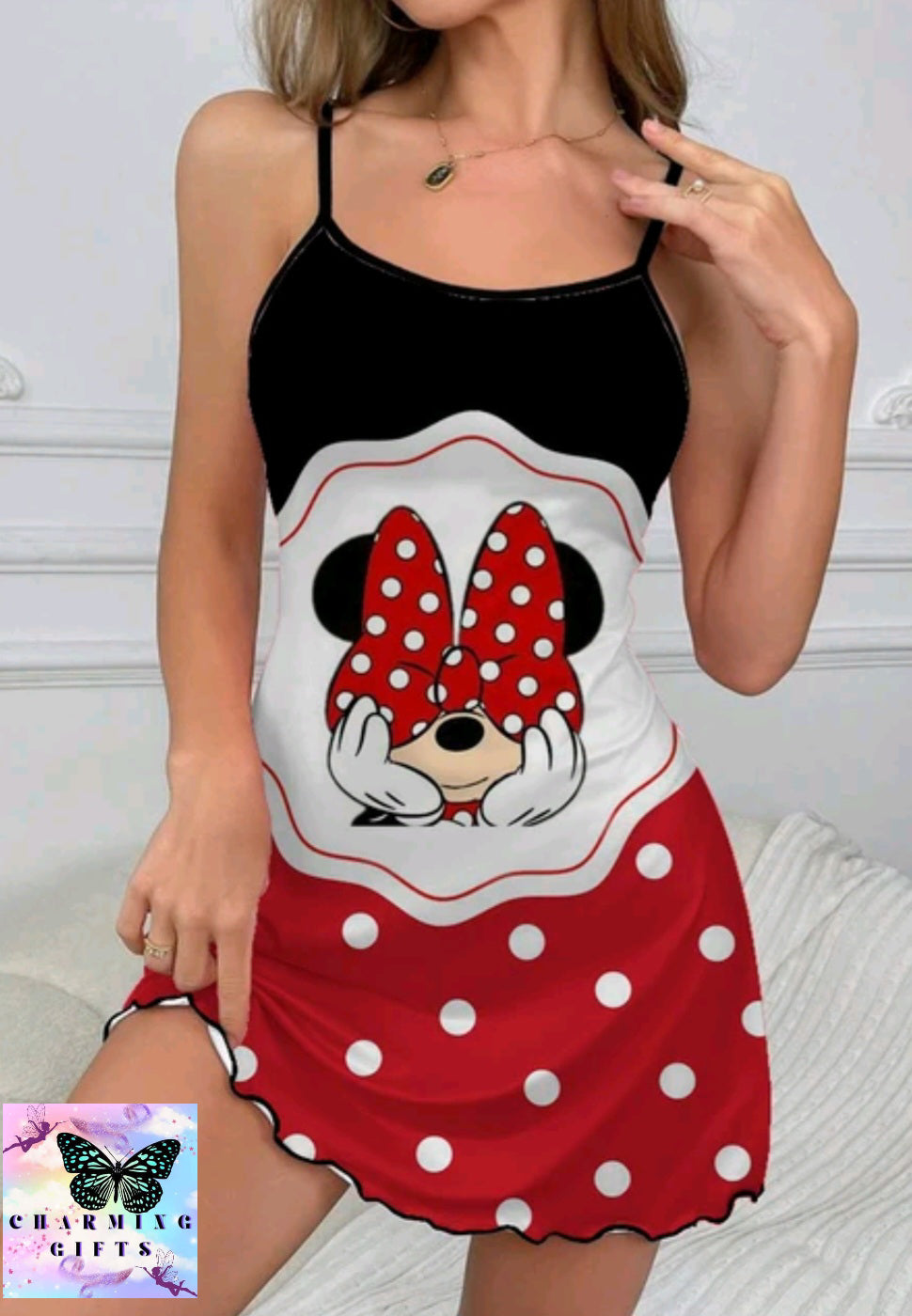 Slip Dress Lettuce Trim Mickey Summer Clothes Pajama Skirt Minnie Mouse Crew Neck Sexy Dresses Disney Fashion 2024 Women's Mini