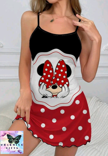 Slip Dress Lettuce Trim Mickey Summer Clothes Pajama Skirt Minnie Mouse Crew Neck Sexy Dresses Disney Fashion 2024 Women's Mini