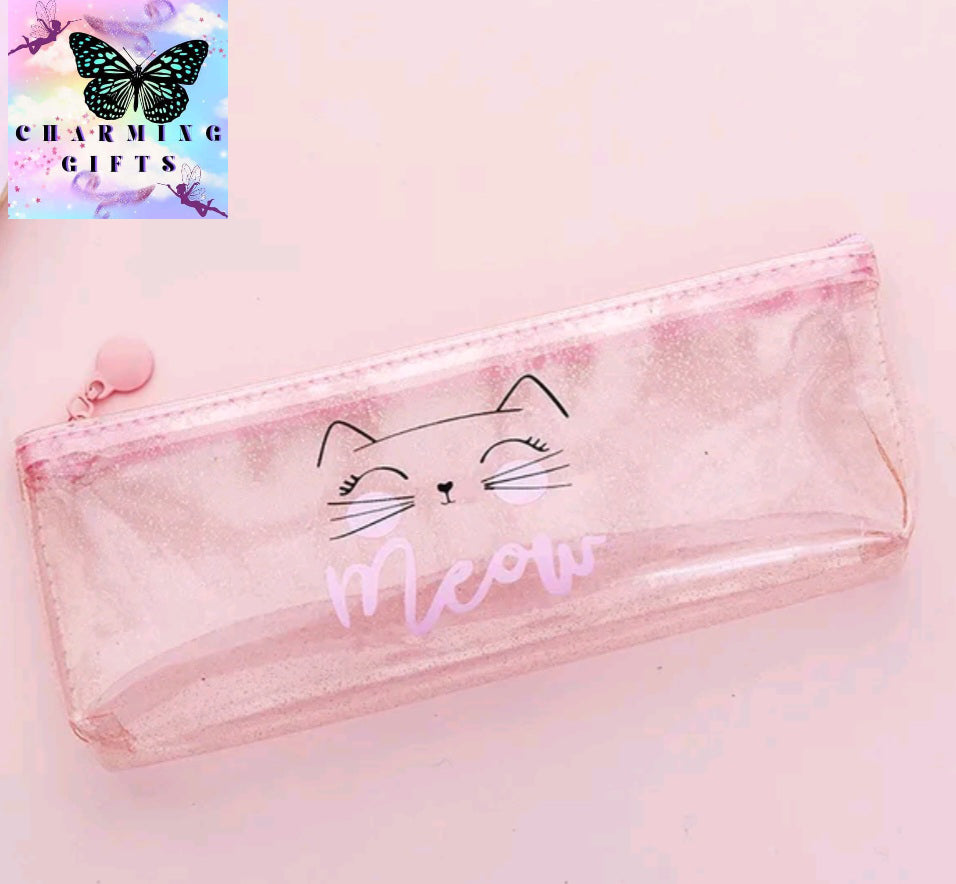 Cute Kawaii pink cat Pencil Case School Supplies for girls Stationery Gift large Pencil bag Transparent pen Bag School Tools