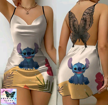 Lace Dress Fashion Summer Dresses 2024 Stitch Disney Satin Surface Bow Knot Pajama Skirt Womens Party Mini Sexy Backless Disney