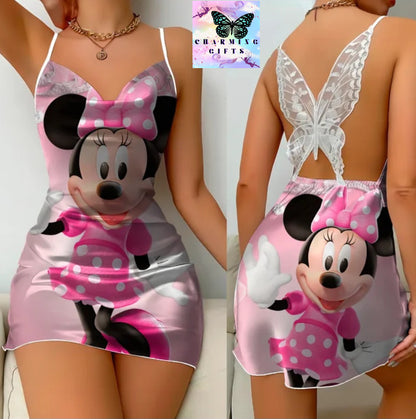 Elegant Dresses for Women Slip Dress Satin Surface Minnie Mouse Pajama Skirt Bow Knot Disney Mickey Womens Fashion Summer 2024