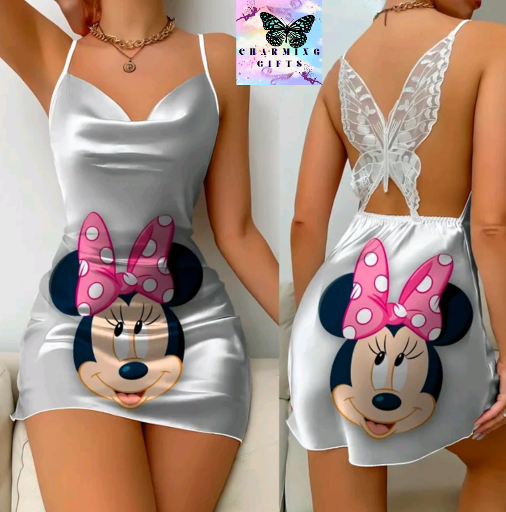 Elegant Dresses for Women Slip Dress Satin Surface Minnie Mouse Pajama Skirt Bow Knot Disney Mickey Womens Fashion Summer 2024