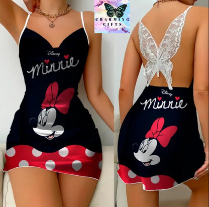 Elegant Dresses for Women Slip Dress Satin Surface Minnie Mouse Pajama Skirt Bow Knot Disney Mickey Womens Fashion Summer 2024