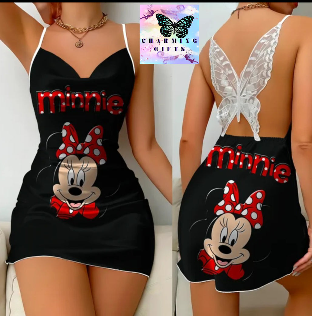 Elegant Dresses for Women Slip Dress Satin Surface Minnie Mouse Pajama Skirt Bow Knot Disney Mickey Womens Fashion Summer 2024