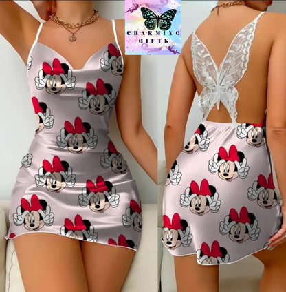 Elegant Dresses for Women Slip Dress Satin Surface Minnie Mouse Pajama Skirt Bow Knot Disney Mickey Womens Fashion Summer 2024