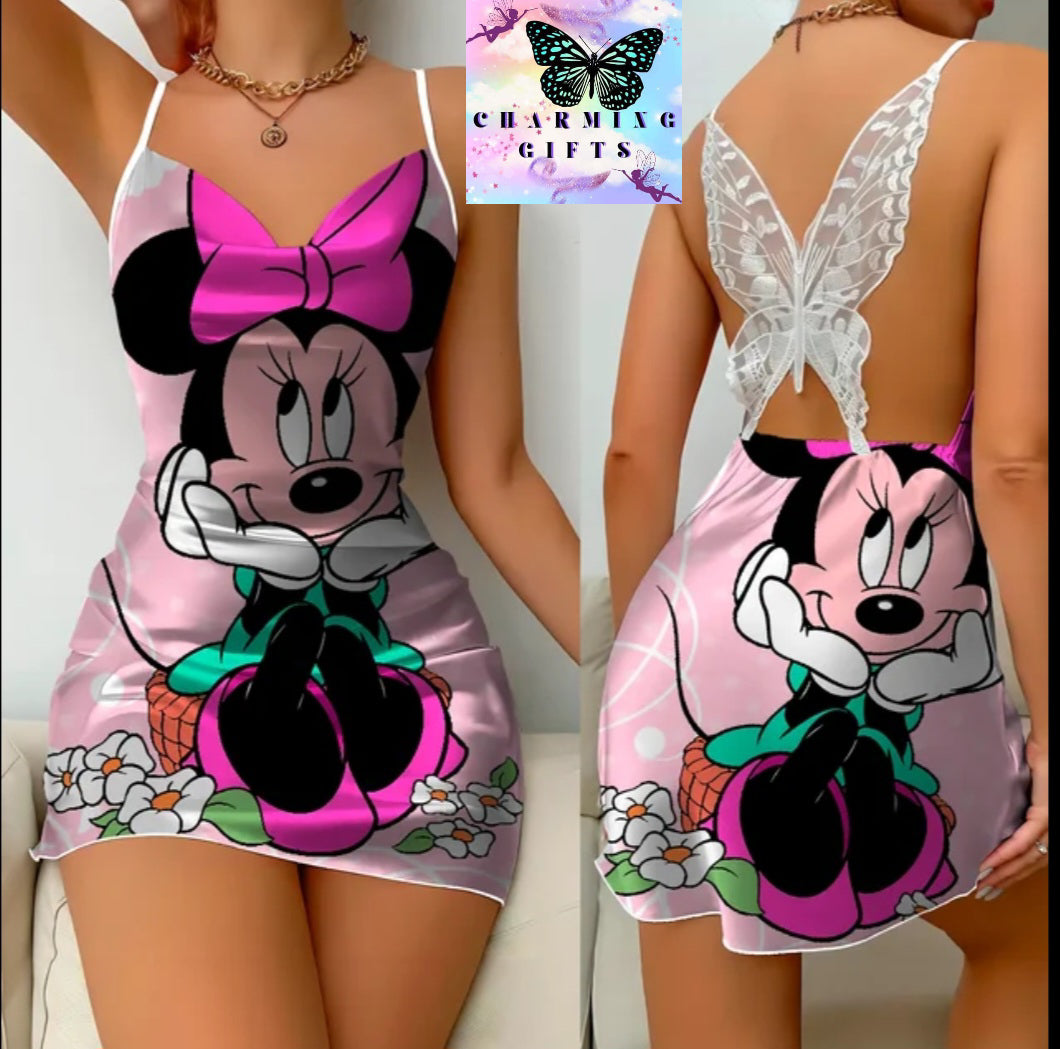 Elegant Dresses for Women Slip Dress Satin Surface Minnie Mouse Pajama Skirt Bow Knot Disney Mickey Womens Fashion Summer 2024