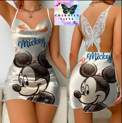 Elegant Dresses for Women Slip Dress Satin Surface Minnie Mouse Pajama Skirt Bow Knot Disney Mickey Womens Fashion Summer 2024