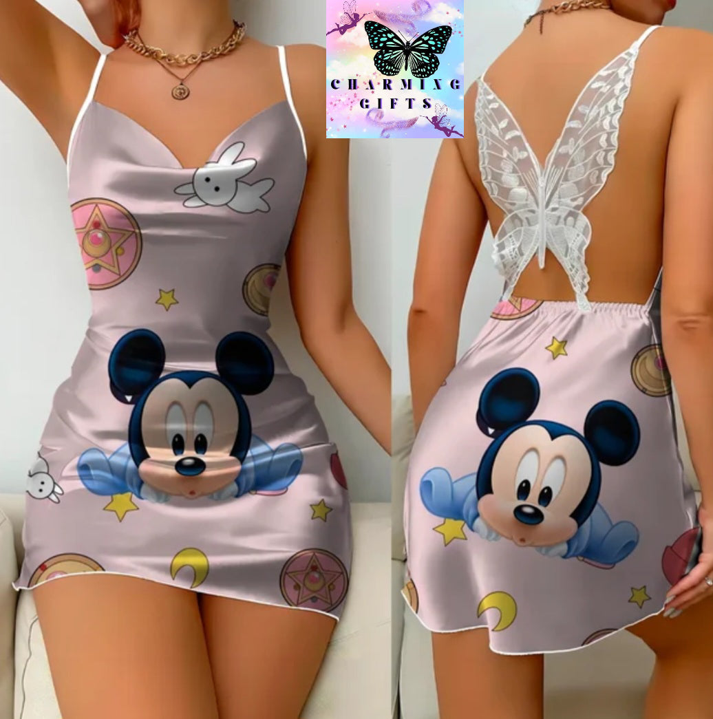 Elegant Dresses for Women Slip Dress Satin Surface Minnie Mouse Pajama Skirt Bow Knot Disney Mickey Womens Fashion Summer 2024