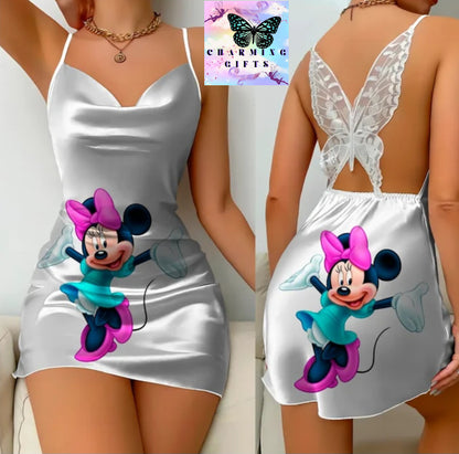 Elegant Dresses for Women Slip Dress Satin Surface Minnie Mouse Pajama Skirt Bow Knot Disney Mickey Womens Fashion Summer 2024