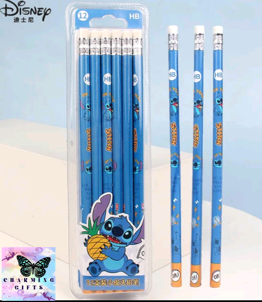 Anime Disney Stitch 12 Pack Of Pencil Cartoon Crayon Children with Rubber School Supplies Pencil Sharpener Hb Wooden Pencil Birthday Gift