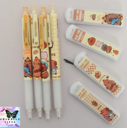 0.5mm Kawaii Capybara Mechanical Pencil Set With Refill Leads Eraser Cute School Office Writing Pencils Cartoon Stationery Gift