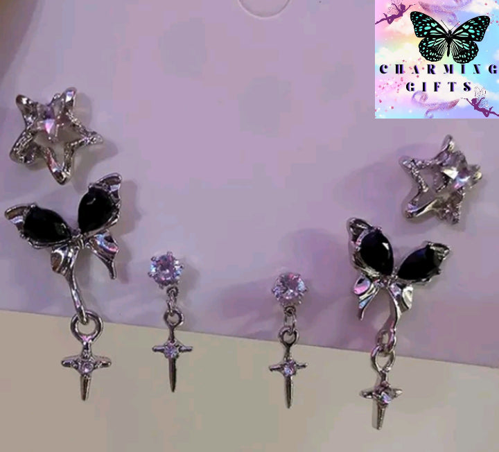 Goth Black Butterfly Crystal Star Earring Set For Women Girl Vintage Aesthetic Heart Stud Earring Trendy Y2K Jewelry