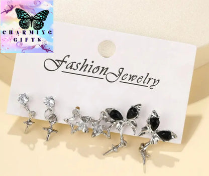 Goth Black Butterfly Crystal Star Earring Set For Women Girl Vintage Aesthetic Heart Stud Earring Trendy Y2K Jewelry