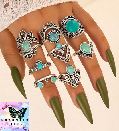 8Pcs Vintage Drop Oil Imitation Turquoise Rings Set for Women Classic Elegant Hollow Geometric Finger Ring Party Wedding Jewelry