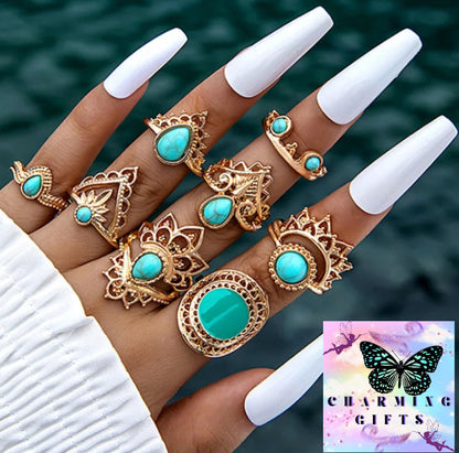 8Pcs Vintage Drop Oil Imitation Turquoise Rings Set for Women Classic Elegant Hollow Geometric Finger Ring Party Wedding Jewelry