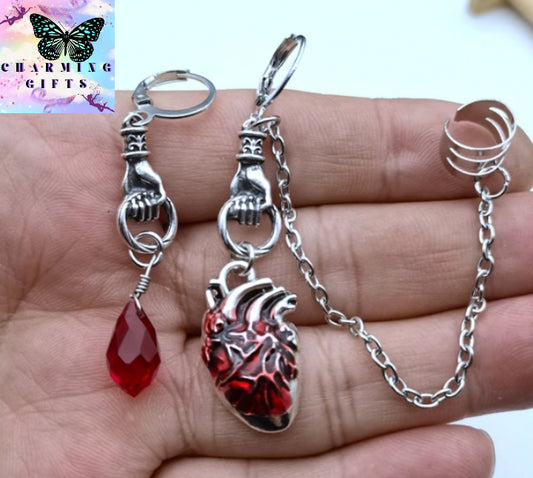 The Beating Heart Asymmetrical Cuff Earrings Chain Ear Cuff Clip Jewelry Gift,Witchy Gothic Vampire Spooky Boho Bohemian